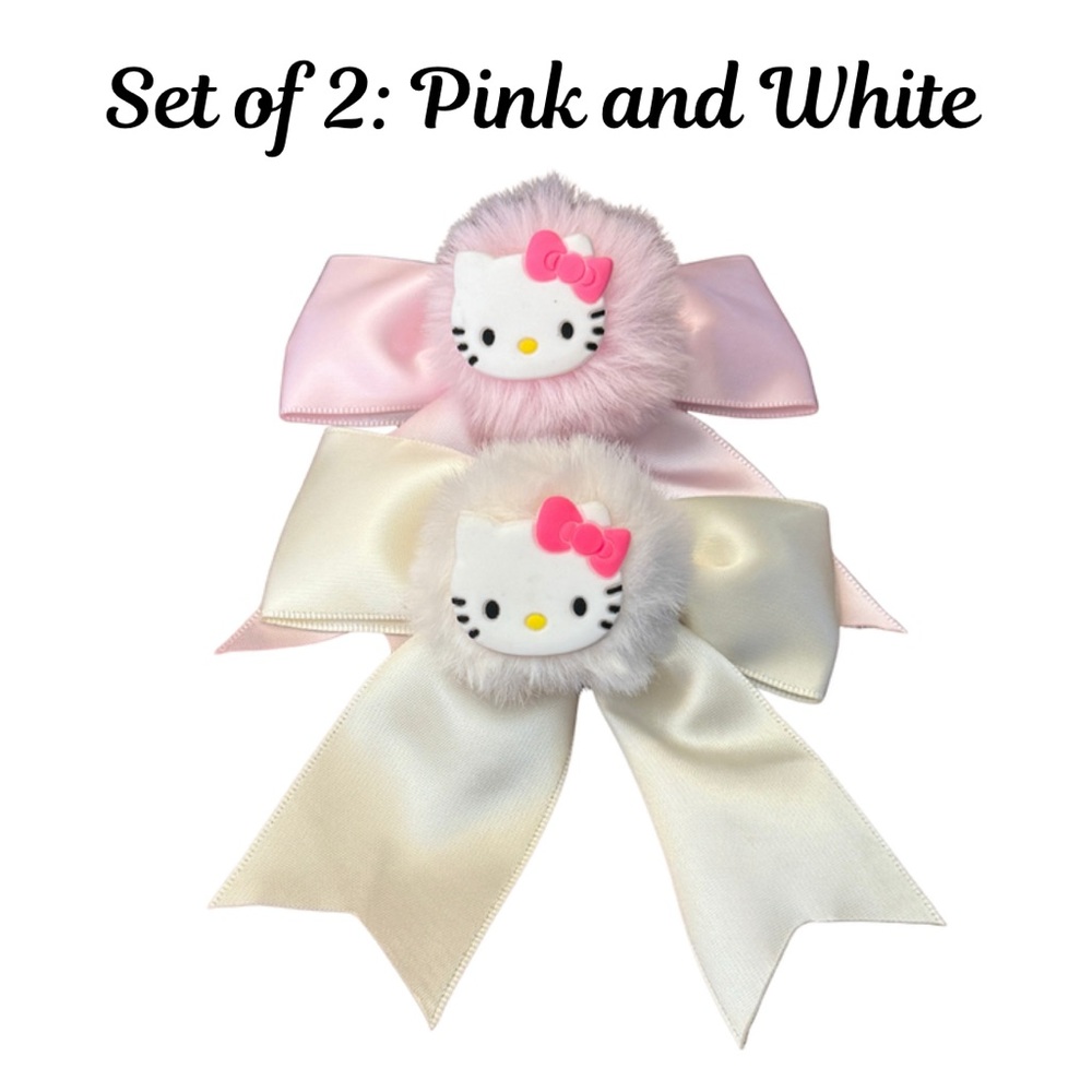 SOLD OUT. DO NOT BUY 2pc Hello Kitty Bow Pom Pink‎ & White/ Cream Hair Clips
